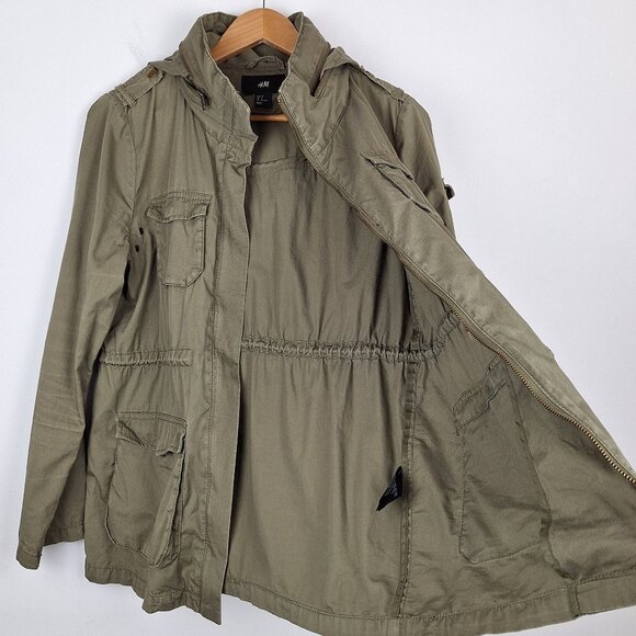 Army Green Utility Jacket Women Size 8 Outdoor Canvas Cargo Hooded Gorpcore H&M - Picture 10 of 12